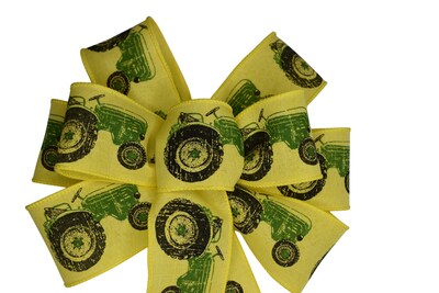 Summer Wired Wreath Bow - Green Tractors on Yellow - image1